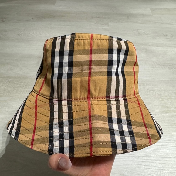 Burberry Kids' Plaid Bucket Hat Tan, Black, and Red
